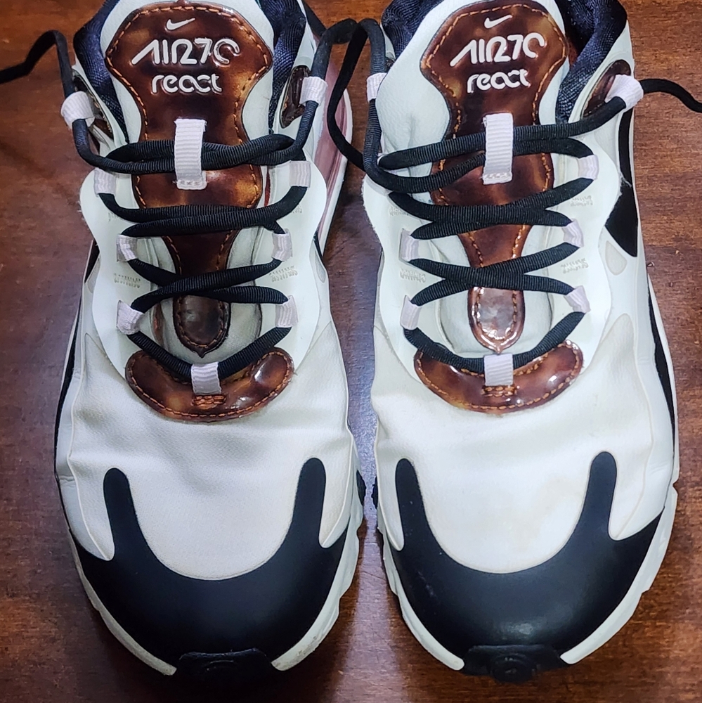 Womens Nike Air Max 270 React Sail/ Barley Tortoise Sneakers - Black and Cream